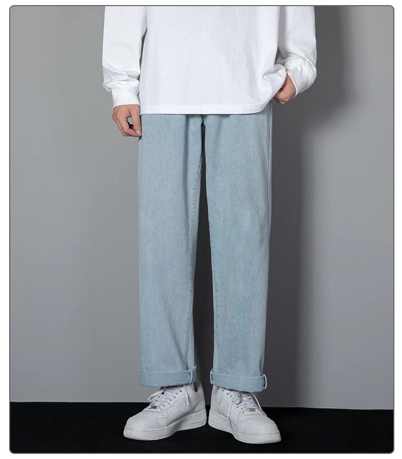 2026 New Korean Men's Casual Long Jeans Classic Man Straight Denim Wide-leg Pants Solid Color Light Blue Grey Black