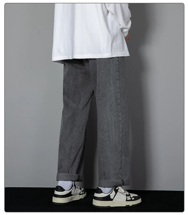 2026 New Korean Men's Casual Long Jeans Classic Man Straight Denim Wide-leg Pants Solid Color Light Blue Grey Black