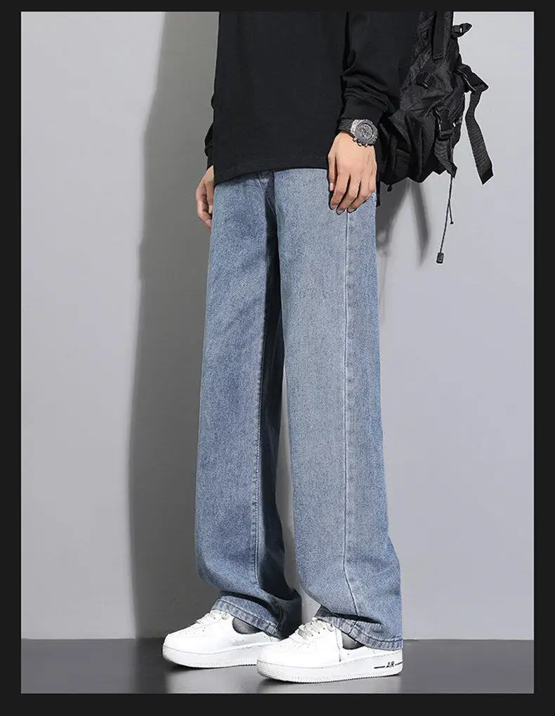 2026 New Korean Men's Casual Long Jeans Classic Man Straight Denim Wide-leg Pants Solid Color Light Blue Grey Black