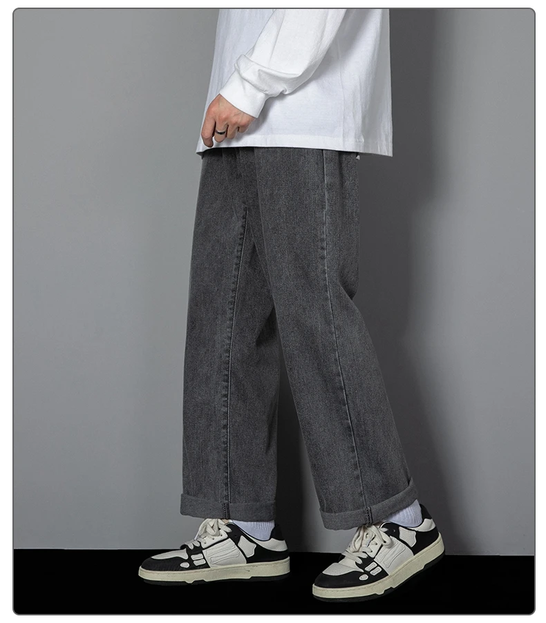 2026 New Korean Men's Casual Long Jeans Classic Man Straight Denim Wide-leg Pants Solid Color Light Blue Grey Black