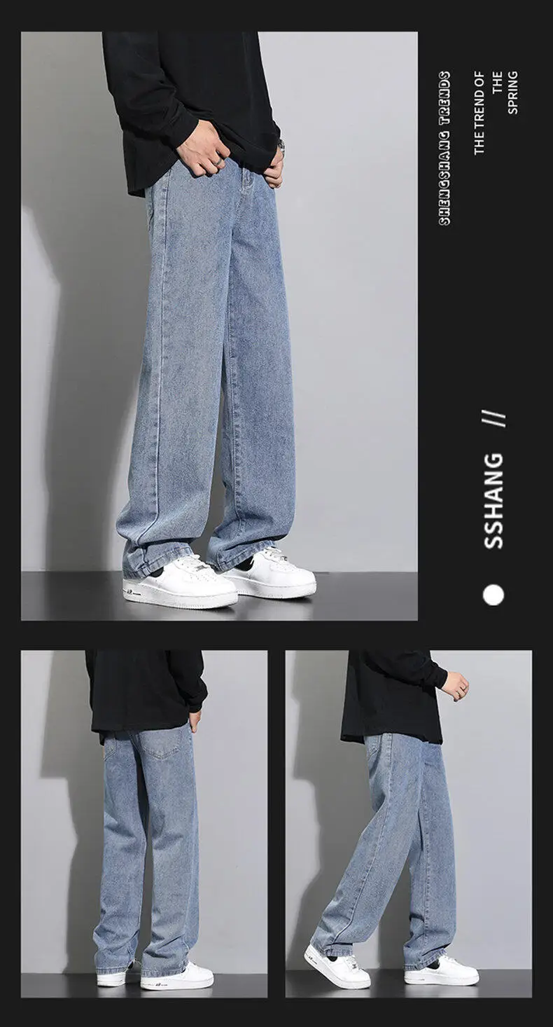 2026 New Korean Men's Casual Long Jeans Classic Man Straight Denim Wide-leg Pants Solid Color Light Blue Grey Black