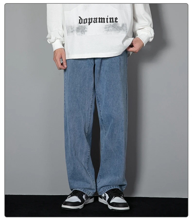 2026 New Korean Men's Casual Long Jeans Classic Man Straight Denim Wide-leg Pants Solid Color Light Blue Grey Black