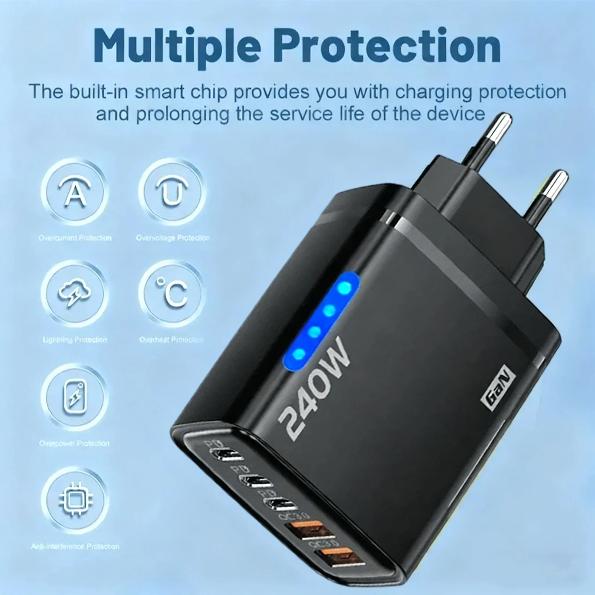 New 5 in 1 GaN Charger For IPhone 16 15pro Desktop Laptop Samsung 240W Fast Charging Adapter 120w Type To TypeC Cable Charger