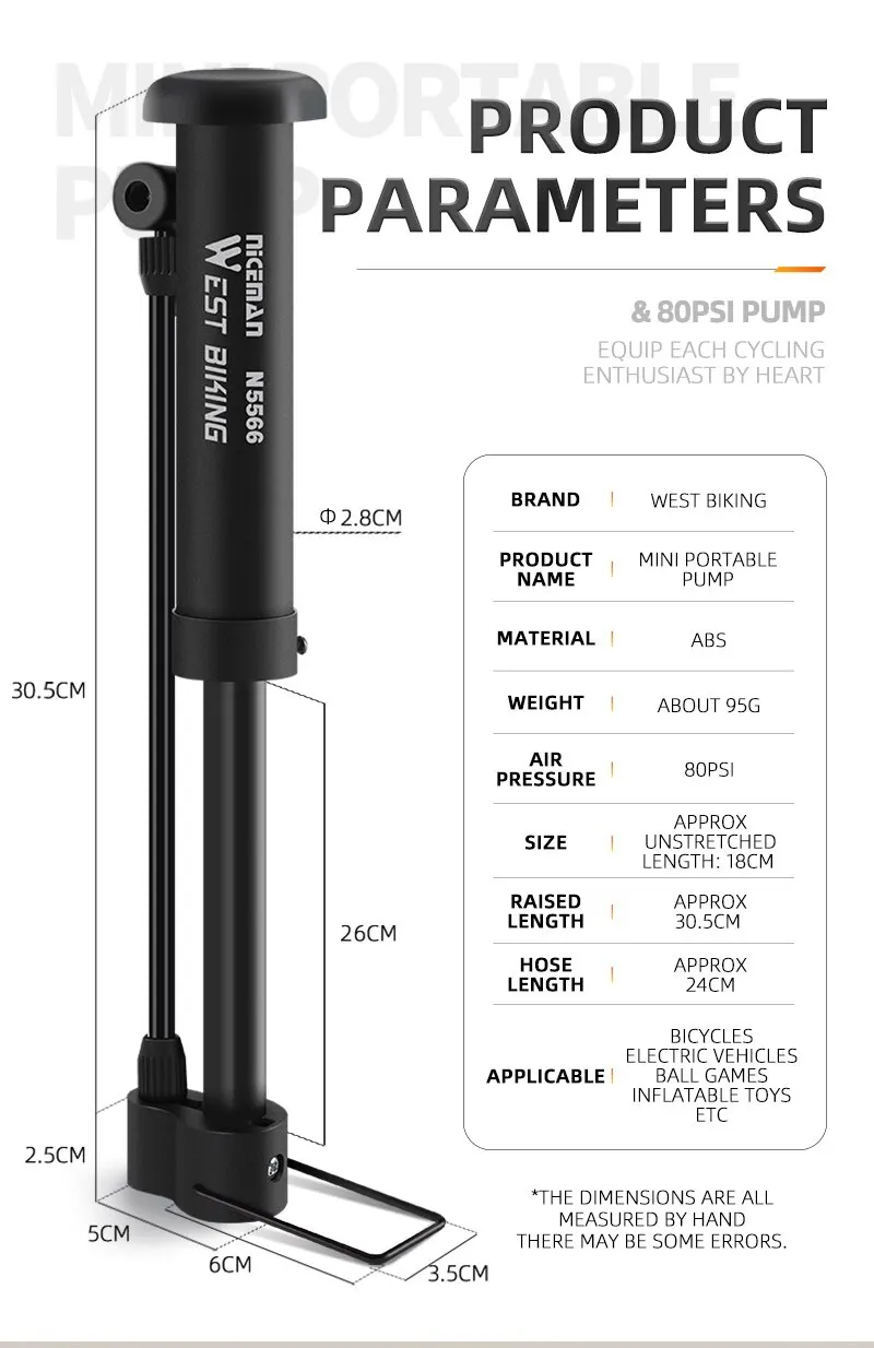 WEST BIKING MTB Bicycle Pump 80 PSI Bike Manual Air Pump Balloon Tire Inflator Schrader Valve Floor Pump Cycling Accesories