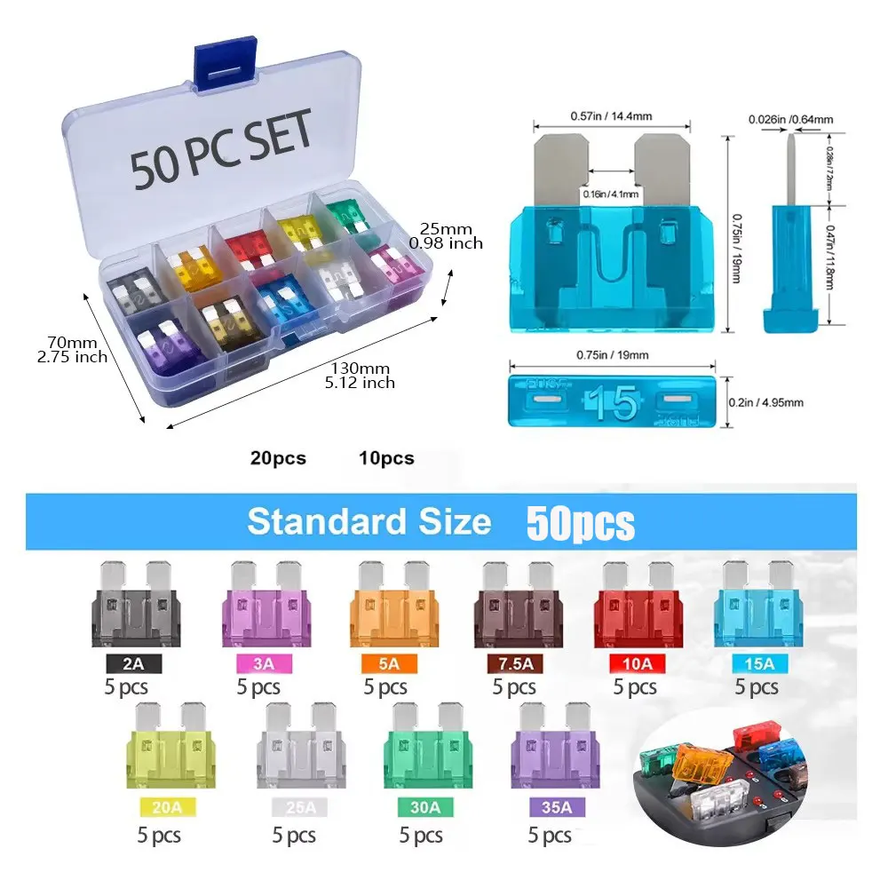 100pcs Standard Car Fuses 2A 3A 5A 7.5A 10A 15A 20A 25A 30A 35A Free Matching Choice Car Fuses Blade Fuses for RV/Truck/SUV