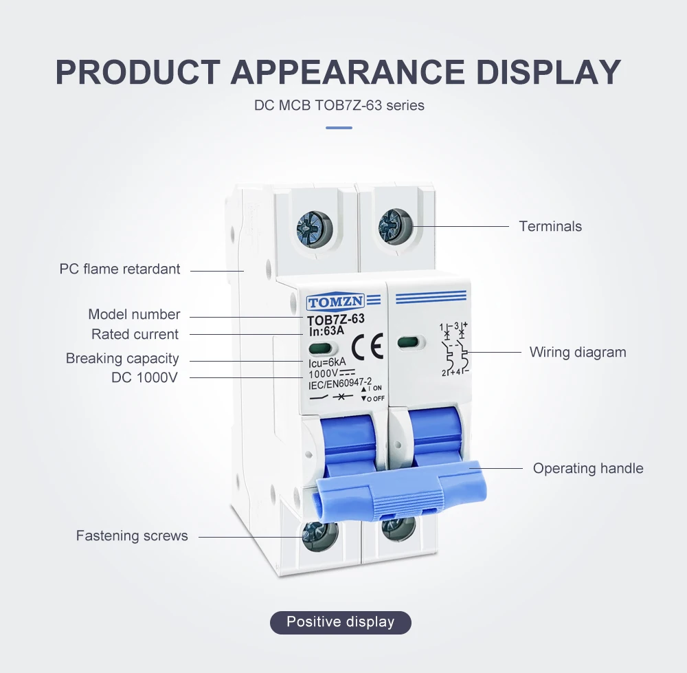TOMZN TOB7Z 2P DC 1000V Solar Mini Circuit Breaker 3A 6A 10A 16A 20A 25A 32A 40A 50A 63A DC MCB for PV System MCB 35mm Din Rail