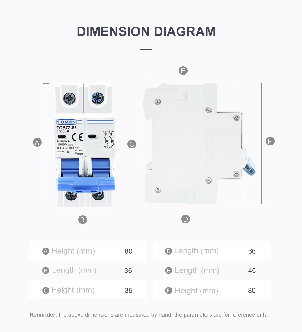 TOMZN TOB7Z 2P DC 1000V Solar Mini Circuit Breaker 3A 6A 10A 16A 20A 25A 32A 40A 50A 63A DC MCB for PV System MCB 35mm Din Rail