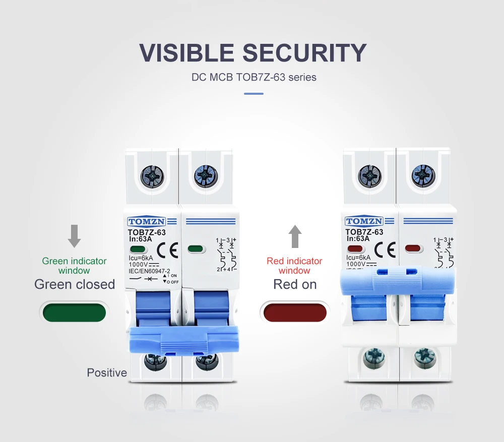 TOMZN TOB7Z 2P DC 1000V Solar Mini Circuit Breaker 3A 6A 10A 16A 20A 25A 32A 40A 50A 63A DC MCB for PV System MCB 35mm Din Rail