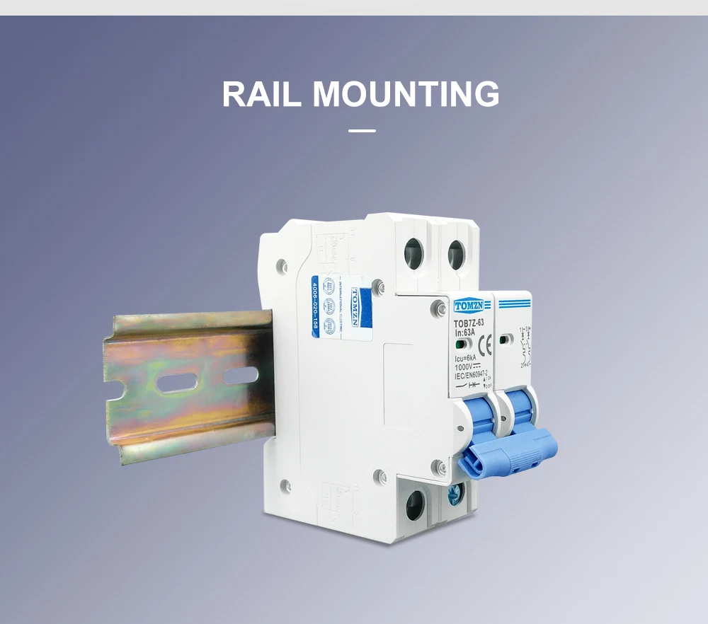 TOMZN TOB7Z 2P DC 1000V Solar Mini Circuit Breaker 3A 6A 10A 16A 20A 25A 32A 40A 50A 63A DC MCB for PV System MCB 35mm Din Rail