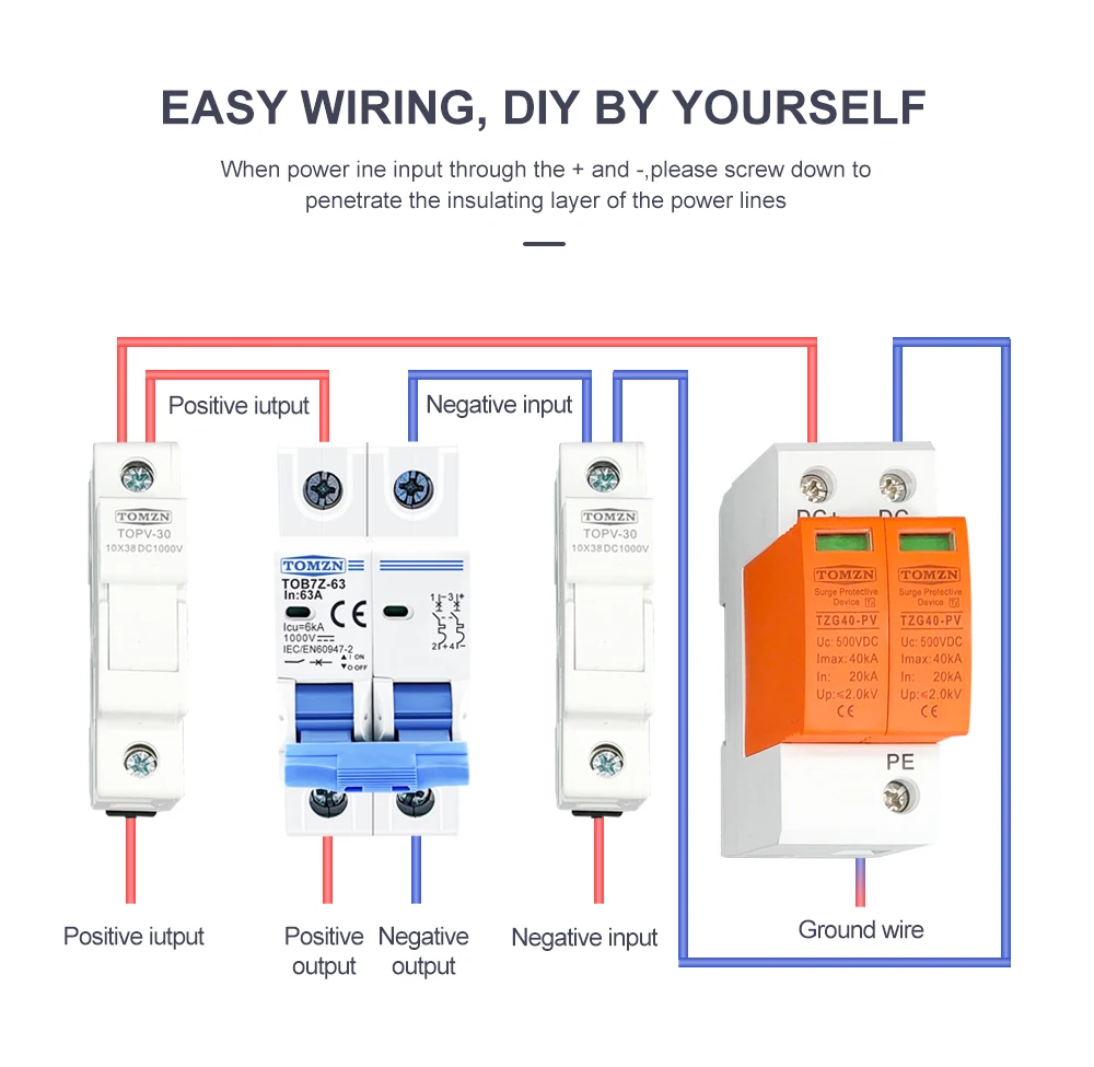 TOMZN TOB7Z 2P DC 1000V Solar Mini Circuit Breaker 3A 6A 10A 16A 20A 25A 32A 40A 50A 63A DC MCB for PV System MCB 35mm Din Rail