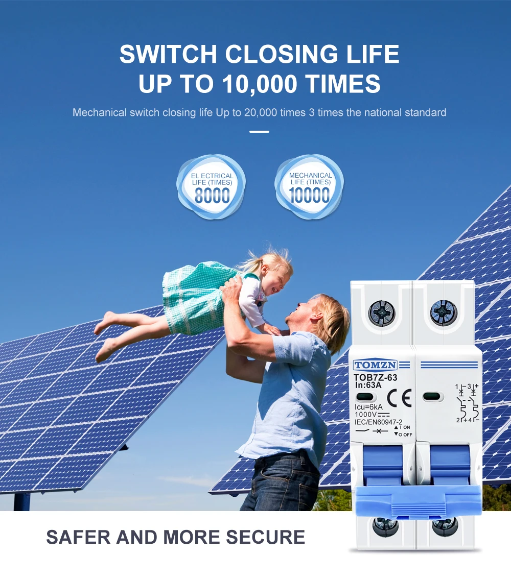 TOMZN TOB7Z 2P DC 1000V Solar Mini Circuit Breaker 3A 6A 10A 16A 20A 25A 32A 40A 50A 63A DC MCB for PV System MCB 35mm Din Rail