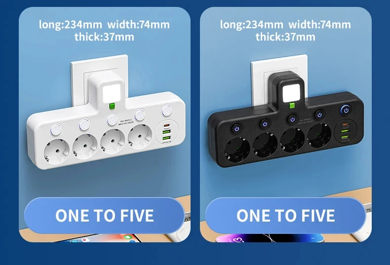 EU Plug Outlet 4 Sockets Multitap Wall Power Strip Electrical Socket 2 USB 1 Type-C Ports No Extension Cord with 2500W MAX Power
