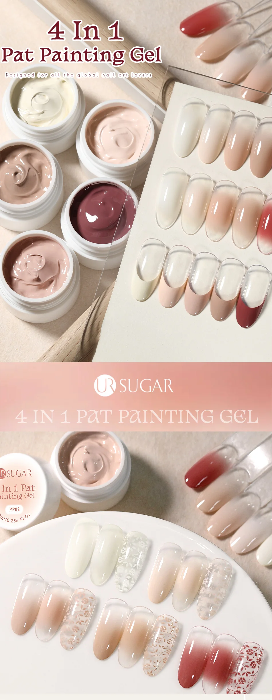 UR SUGAR 4 In 1 Pat Painting Gel Nail Nude Pink Color Painting Liner Nail Art Used For Gradient Cover Edge Nail Stamping Pattern