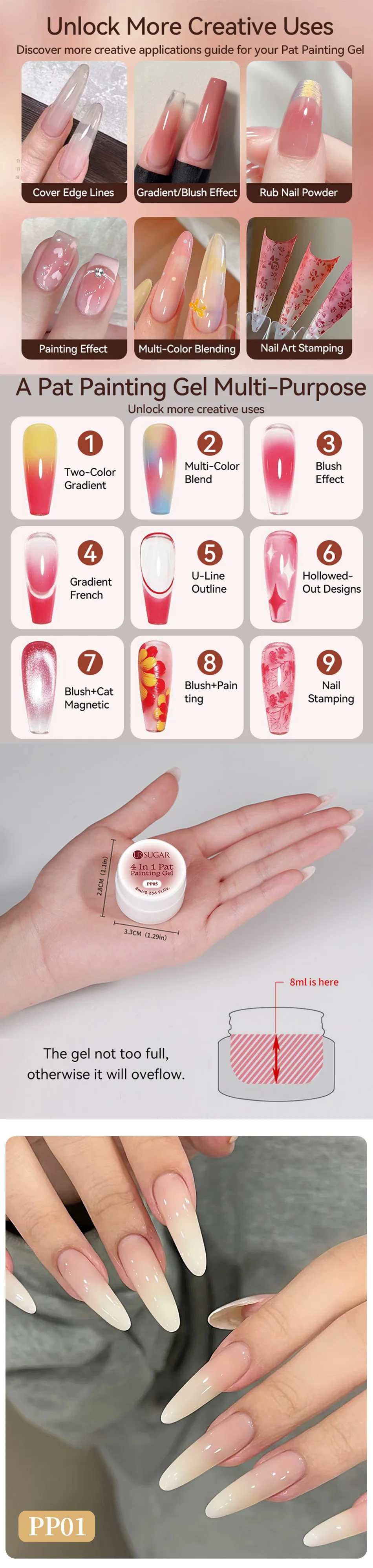 UR SUGAR 4 In 1 Pat Painting Gel Nail Nude Pink Color Painting Liner Nail Art Used For Gradient Cover Edge Nail Stamping Pattern