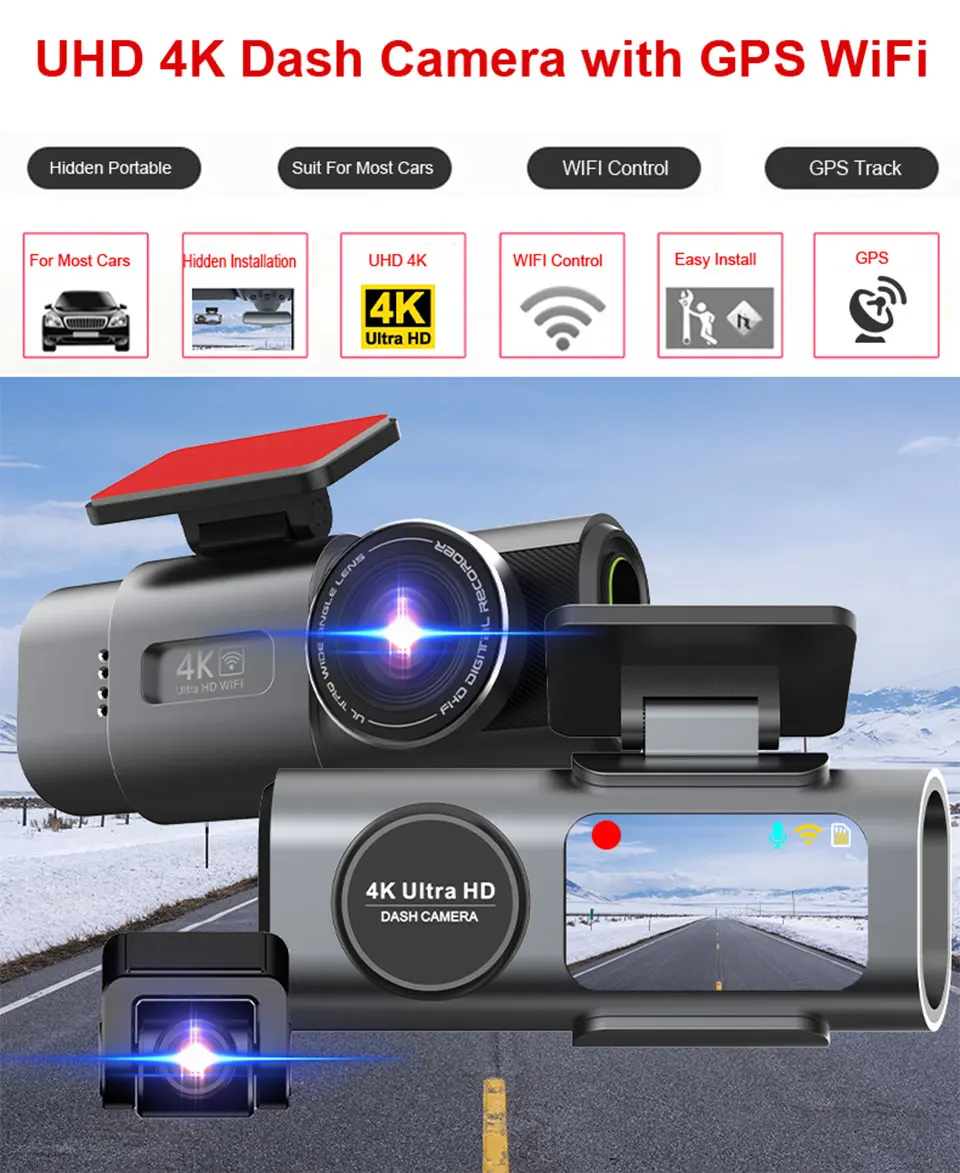 Dash Cam 4K UHD Recording Car Camera DVR Night Vision Video Recorder Built-In Wi-Fi Support GPS 24H Parking