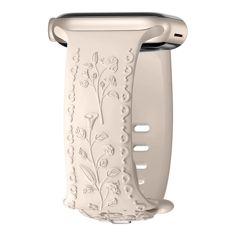 Flower Engraved Strap For Apple Watch Bands 44mm 40mm 49mm 41mm 45mm 38mm 42mm Bracelet iWatch Series 12 9 7 6 3 ultra 4 se Band
