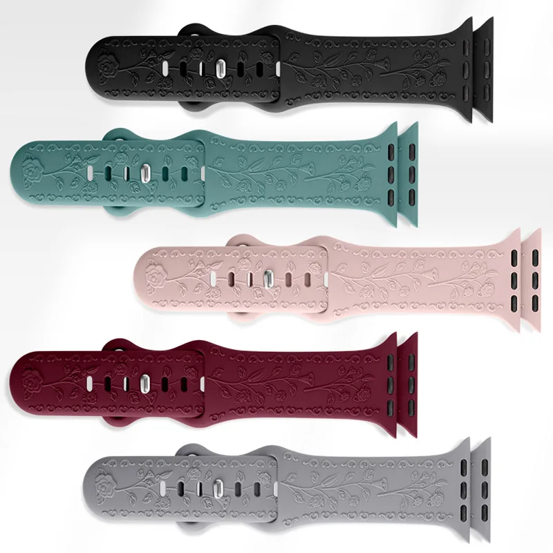 Flower Engraved Strap For Apple Watch Bands 44mm 40mm 49mm 41mm 45mm 38mm 42mm Bracelet iWatch Series 12 9 7 6 3 ultra 4 se Band