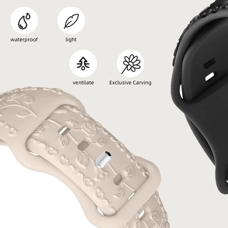 Flower Engraved Strap For Apple Watch Bands 44mm 40mm 49mm 41mm 45mm 38mm 42mm Bracelet iWatch Series 12 9 7 6 3 ultra 4 se Band