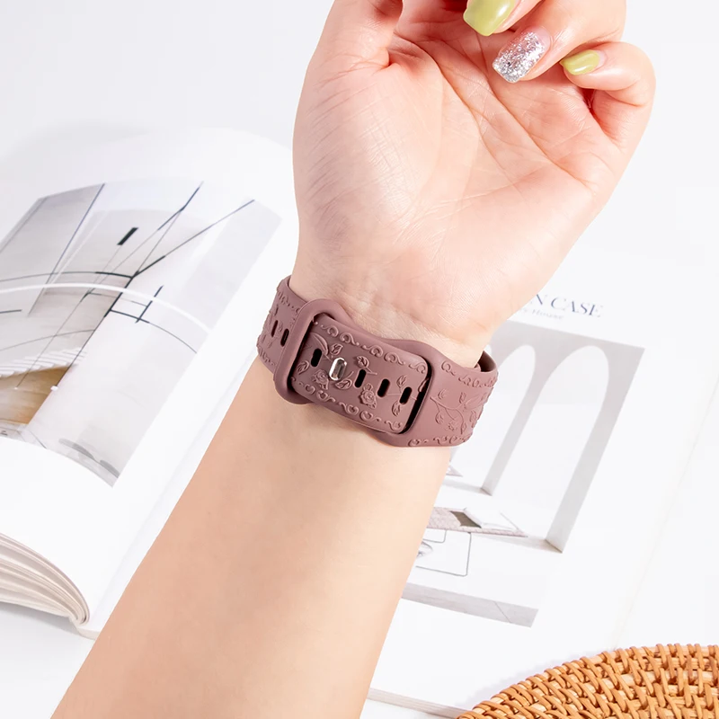 Flower Engraved Strap For Apple Watch Bands 44mm 40mm 49mm 41mm 45mm 38mm 42mm Bracelet iWatch Series 12 9 7 6 3 ultra 4 se Band