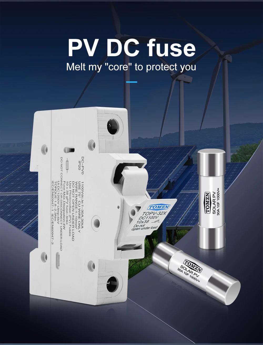 1P 2P DC Fuse Holder 10*38mm High Voltage Solar PV 1100V TOMZN TOPV-30 Base Photovoltaic System Protection Protector GPV