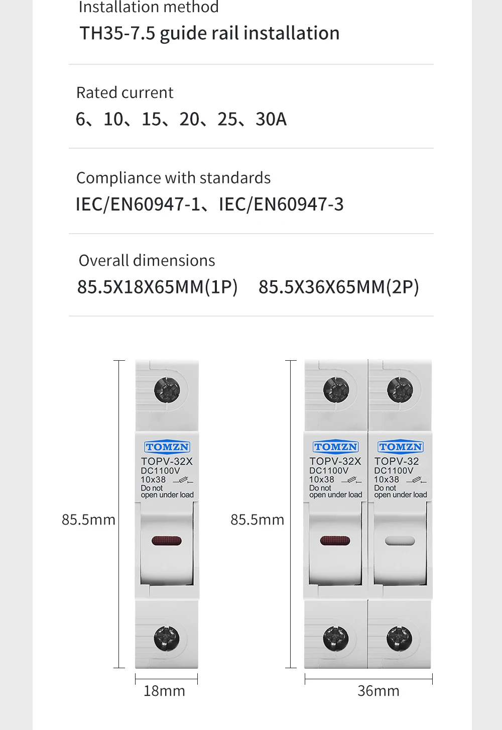 1P 2P DC Fuse Holder 10*38mm High Voltage Solar PV 1100V TOMZN TOPV-30 Base Photovoltaic System Protection Protector GPV