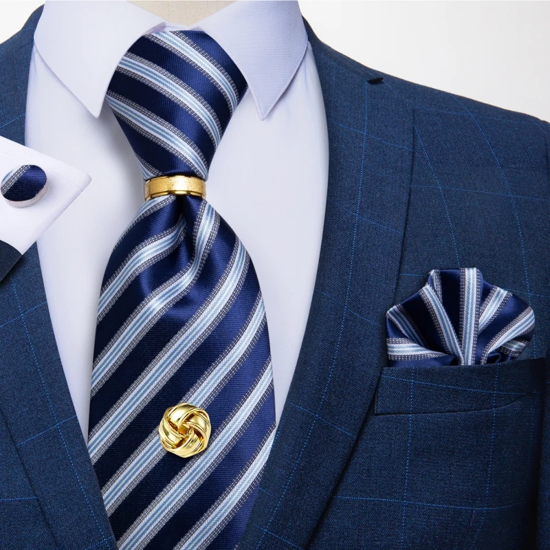 Men Tie Navy Gold Striped Business Formal Necktie Handkerchief Cuffinks Ring Set Jacquard Woven Wedding Tie DiBanGu