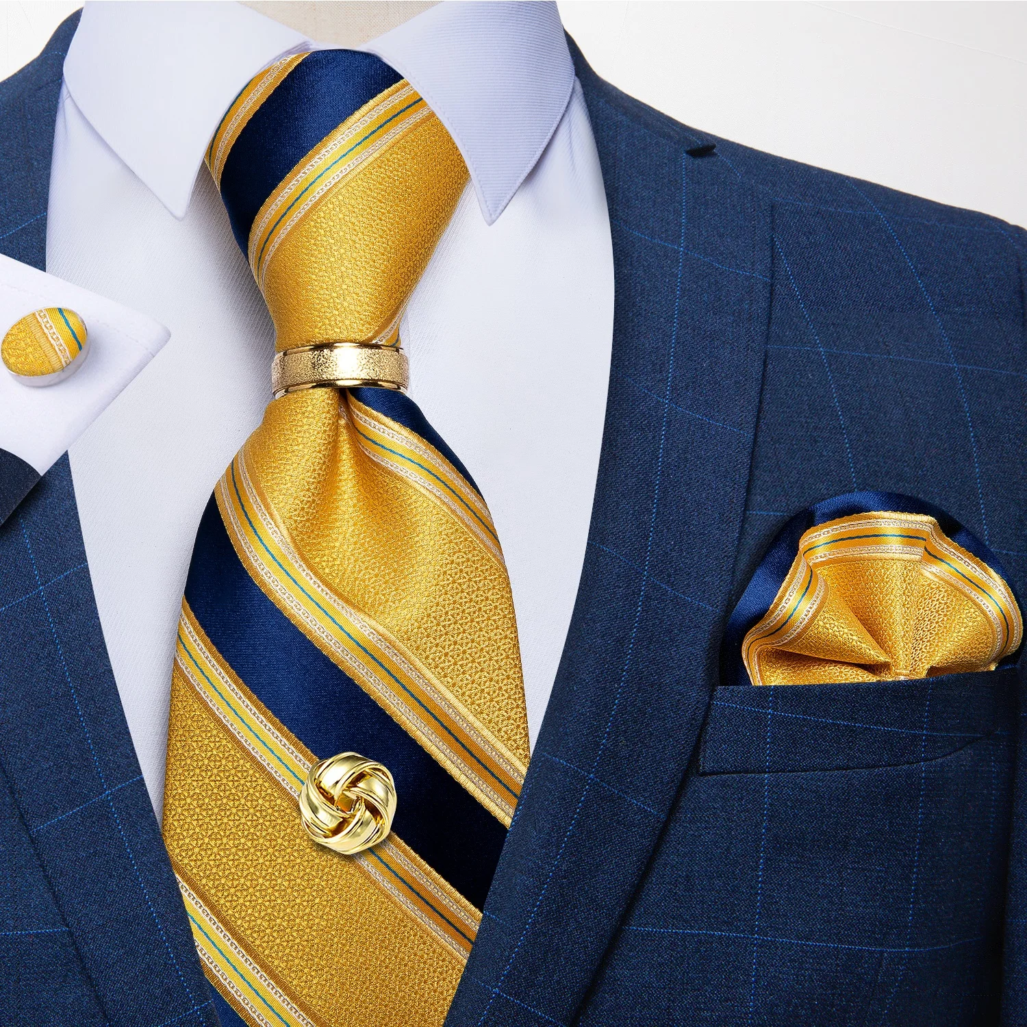Men Tie Navy Gold Striped Business Formal Necktie Handkerchief Cuffinks Ring Set Jacquard Woven Wedding Tie DiBanGu