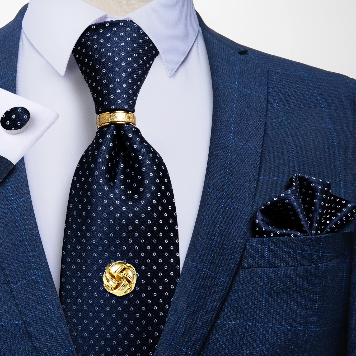 Men Tie Navy Gold Striped Business Formal Necktie Handkerchief Cuffinks Ring Set Jacquard Woven Wedding Tie DiBanGu