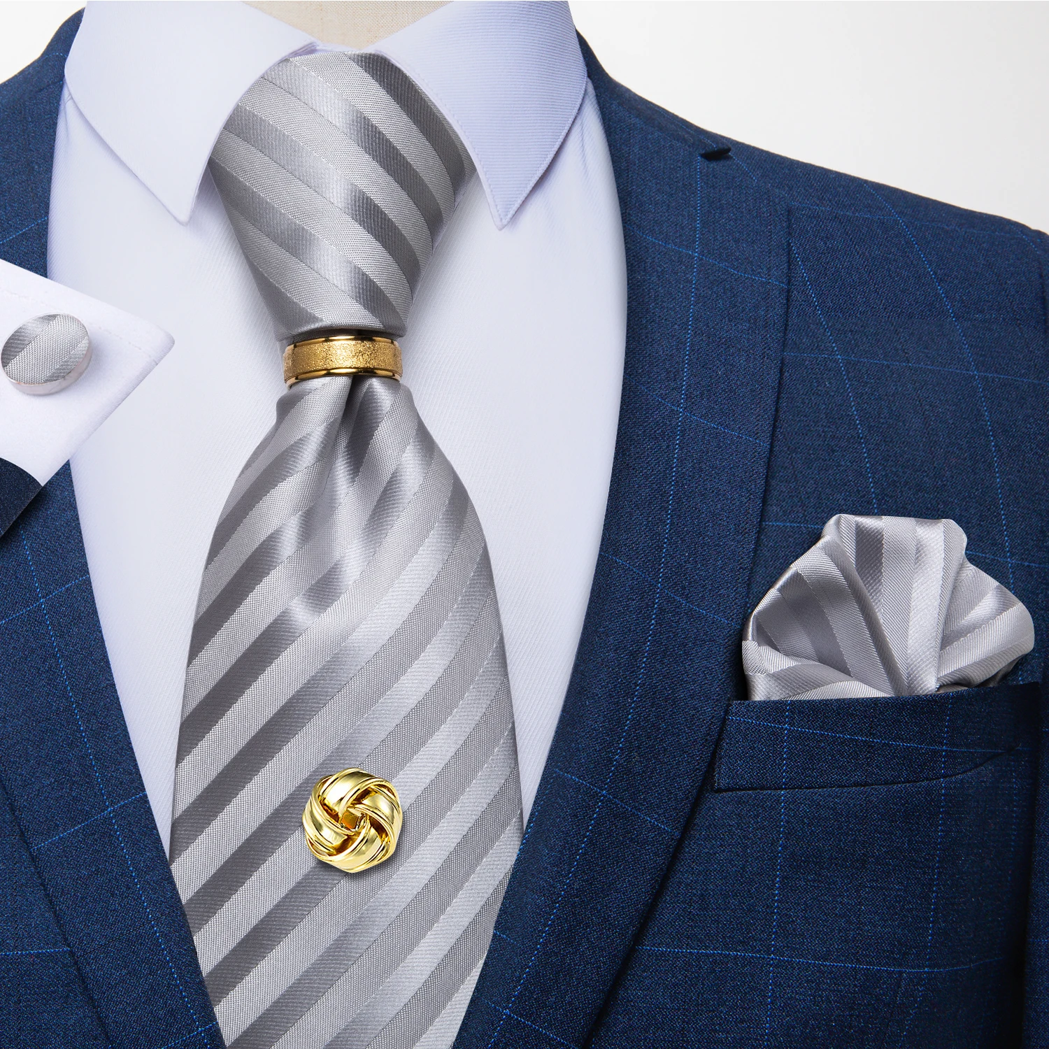 Men Tie Navy Gold Striped Business Formal Necktie Handkerchief Cuffinks Ring Set Jacquard Woven Wedding Tie DiBanGu