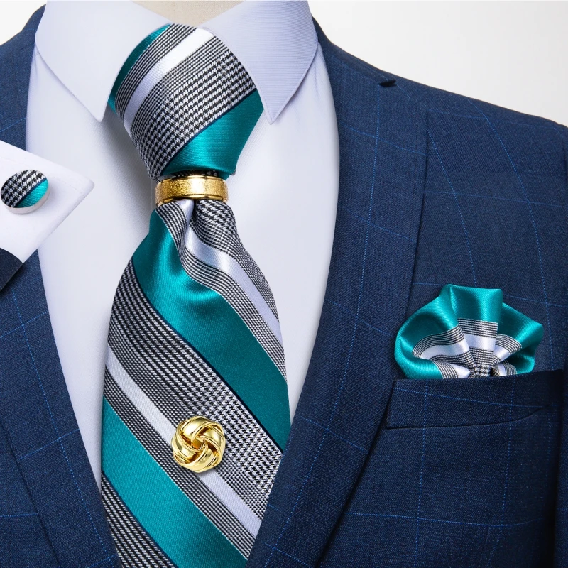 Men Tie Navy Gold Striped Business Formal Necktie Handkerchief Cuffinks Ring Set Jacquard Woven Wedding Tie DiBanGu