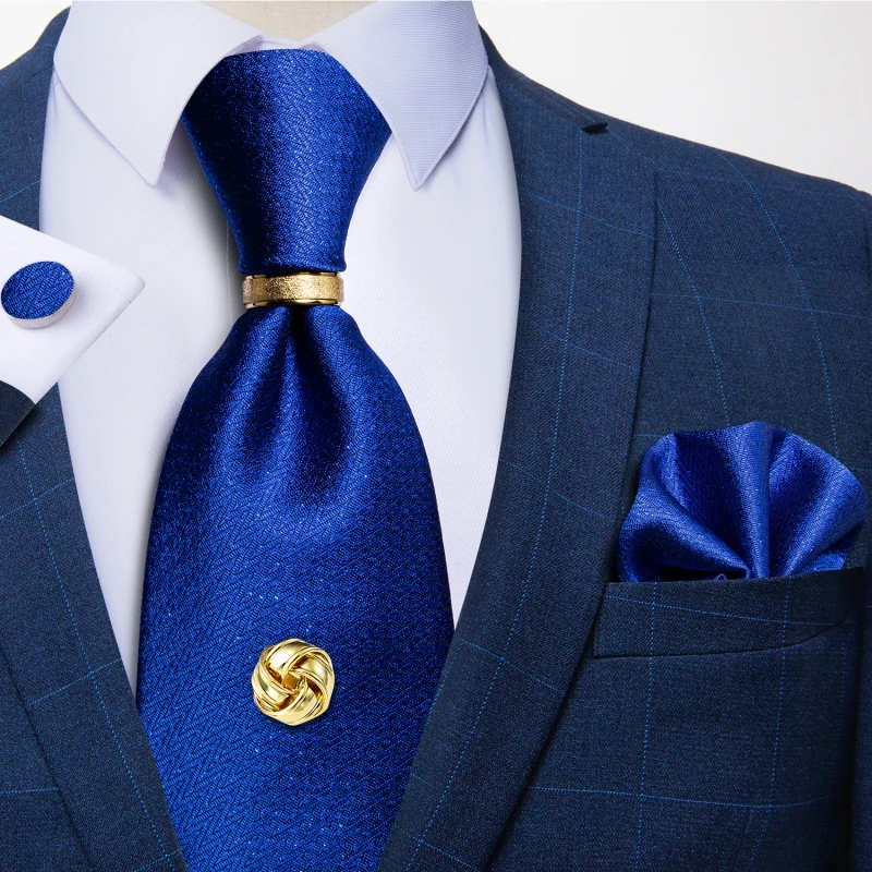 Men Tie Navy Gold Striped Business Formal Necktie Handkerchief Cuffinks Ring Set Jacquard Woven Wedding Tie DiBanGu