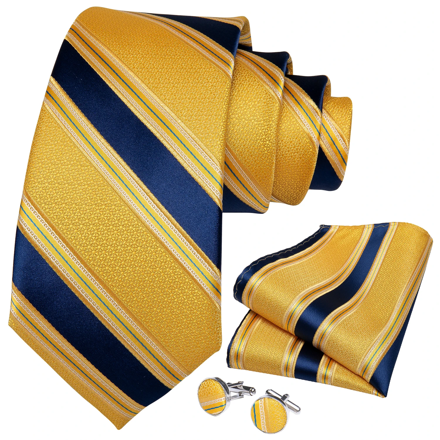 Men Tie Navy Gold Striped Business Formal Necktie Handkerchief Cuffinks Ring Set Jacquard Woven Wedding Tie DiBanGu