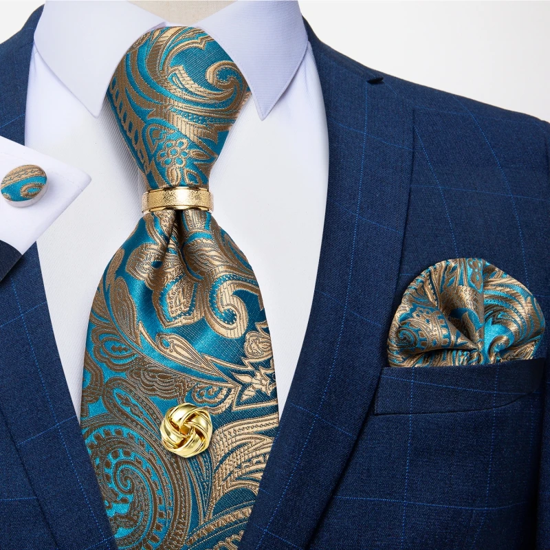 Men Tie Navy Gold Striped Business Formal Necktie Handkerchief Cuffinks Ring Set Jacquard Woven Wedding Tie DiBanGu