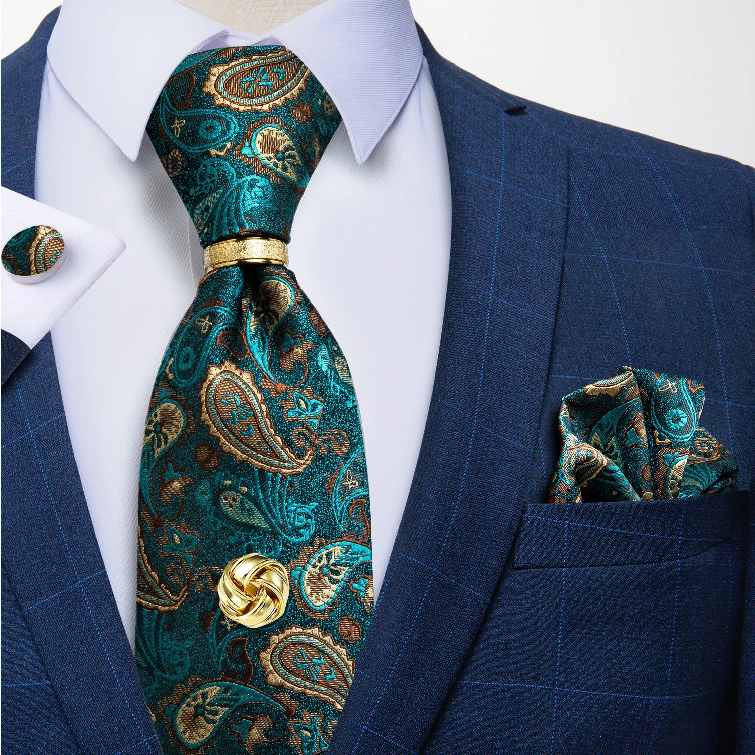 Men Tie Navy Gold Striped Business Formal Necktie Handkerchief Cuffinks Ring Set Jacquard Woven Wedding Tie DiBanGu