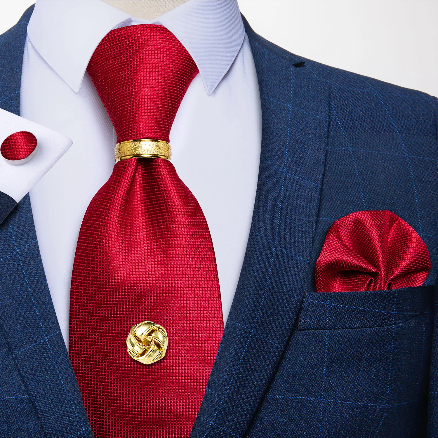 Men Tie Navy Gold Striped Business Formal Necktie Handkerchief Cuffinks Ring Set Jacquard Woven Wedding Tie DiBanGu