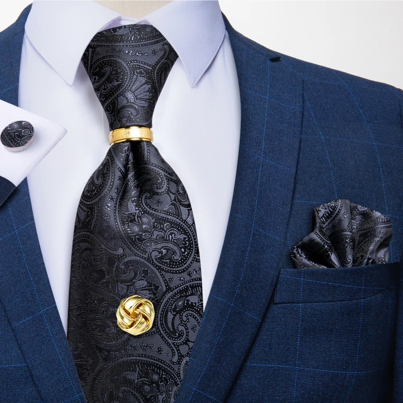 Men Tie Navy Gold Striped Business Formal Necktie Handkerchief Cuffinks Ring Set Jacquard Woven Wedding Tie DiBanGu