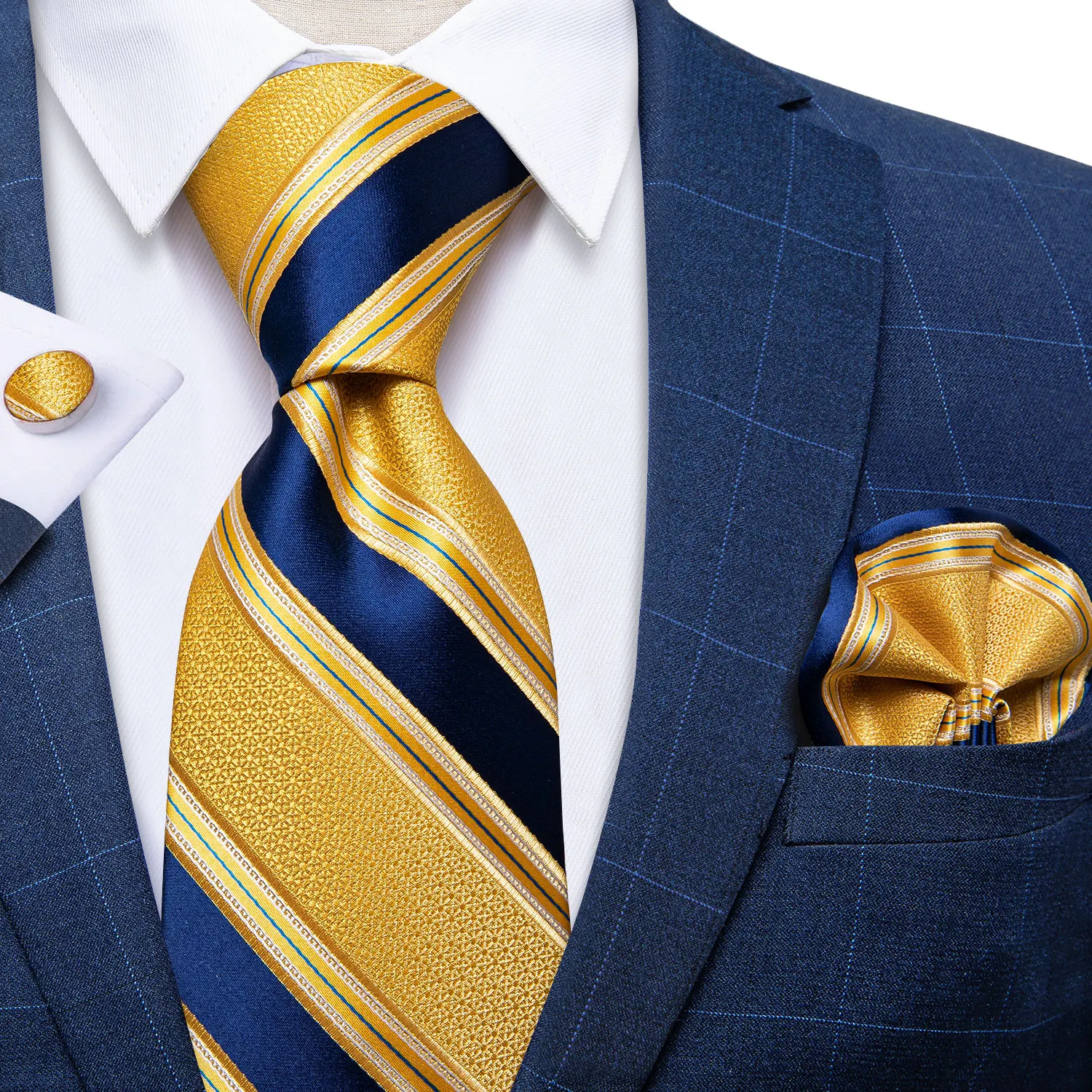 Men Tie Navy Gold Striped Business Formal Necktie Handkerchief Cuffinks Ring Set Jacquard Woven Wedding Tie DiBanGu