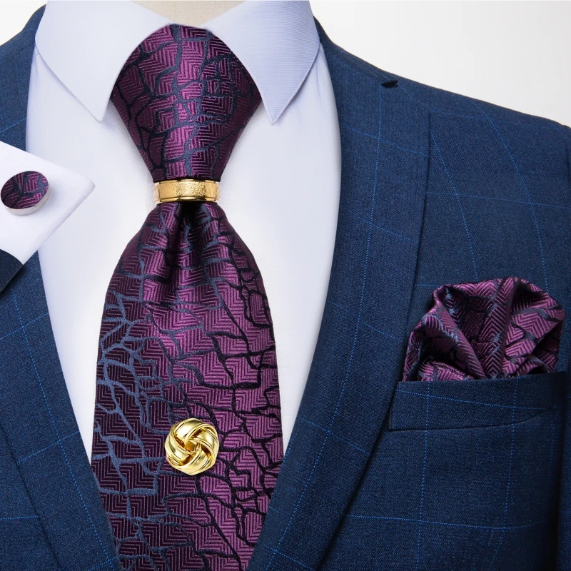 Men Tie Navy Gold Striped Business Formal Necktie Handkerchief Cuffinks Ring Set Jacquard Woven Wedding Tie DiBanGu