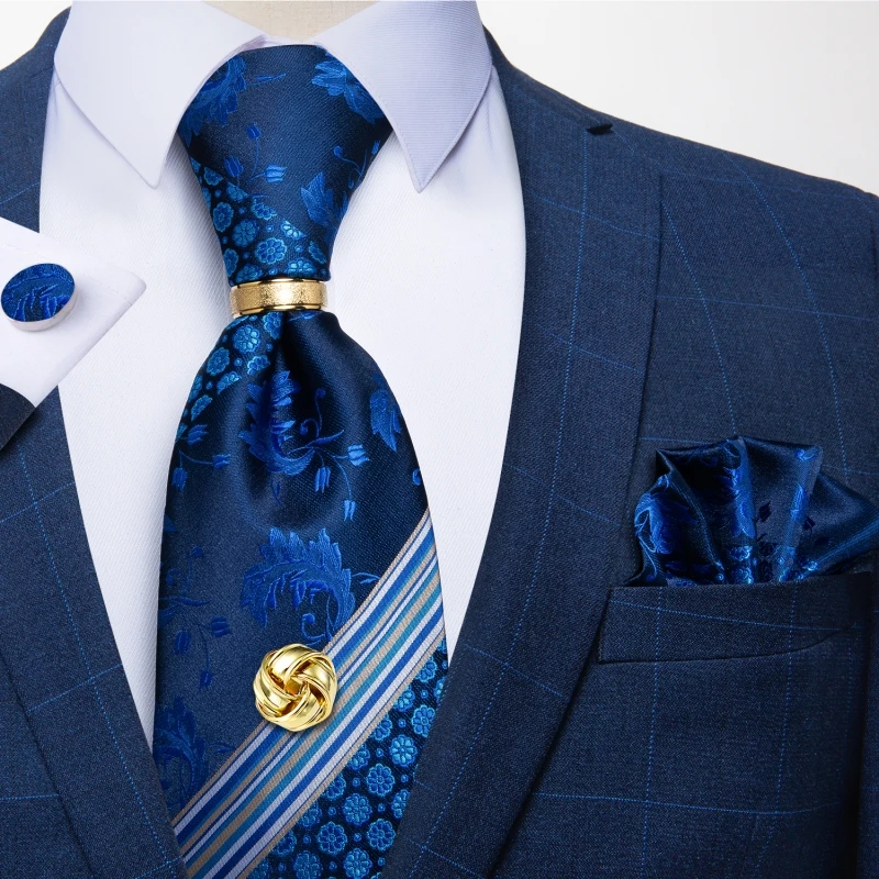 Men Tie Navy Gold Striped Business Formal Necktie Handkerchief Cuffinks Ring Set Jacquard Woven Wedding Tie DiBanGu