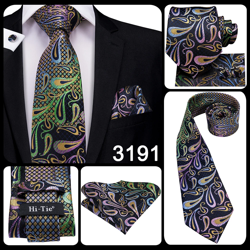 Hi-Tie 8.5cm Black Solid Striped Paisley Men's Business Tie Neck Tie for Men Fashion Luxury silk Wedding Necktie Gravatas