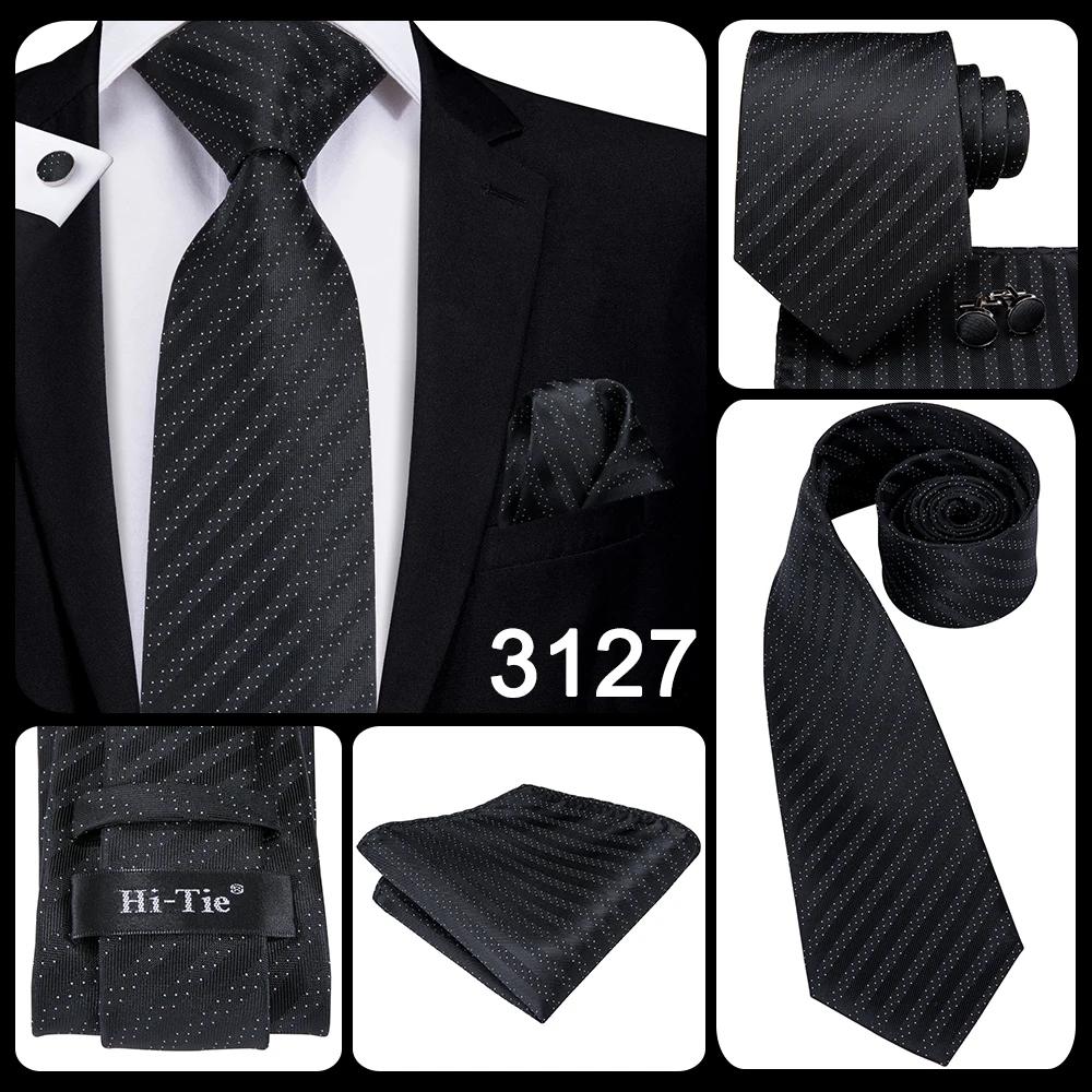 Hi-Tie 8.5cm Black Solid Striped Paisley Men's Business Tie Neck Tie for Men Fashion Luxury silk Wedding Necktie Gravatas