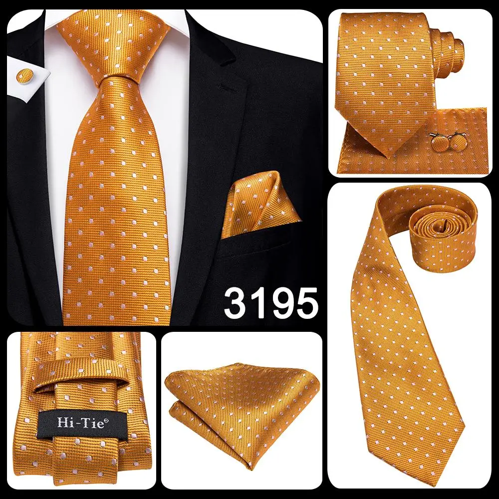 Hi-Tie Mens Necktie Luxury Orange Blue Novelty Wedding Tie For Men Hanky Cufflink Gift Tie Set Business Party Dropshipping