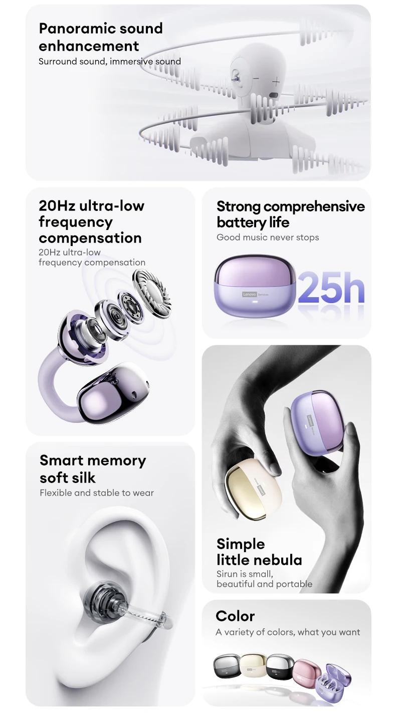 Choice Lenovo LE302 OWS Ear Clip Wireless Earphones Low Latency HD Call Bluetooth Headphones HiFi Music Sport Fashion Earbuds