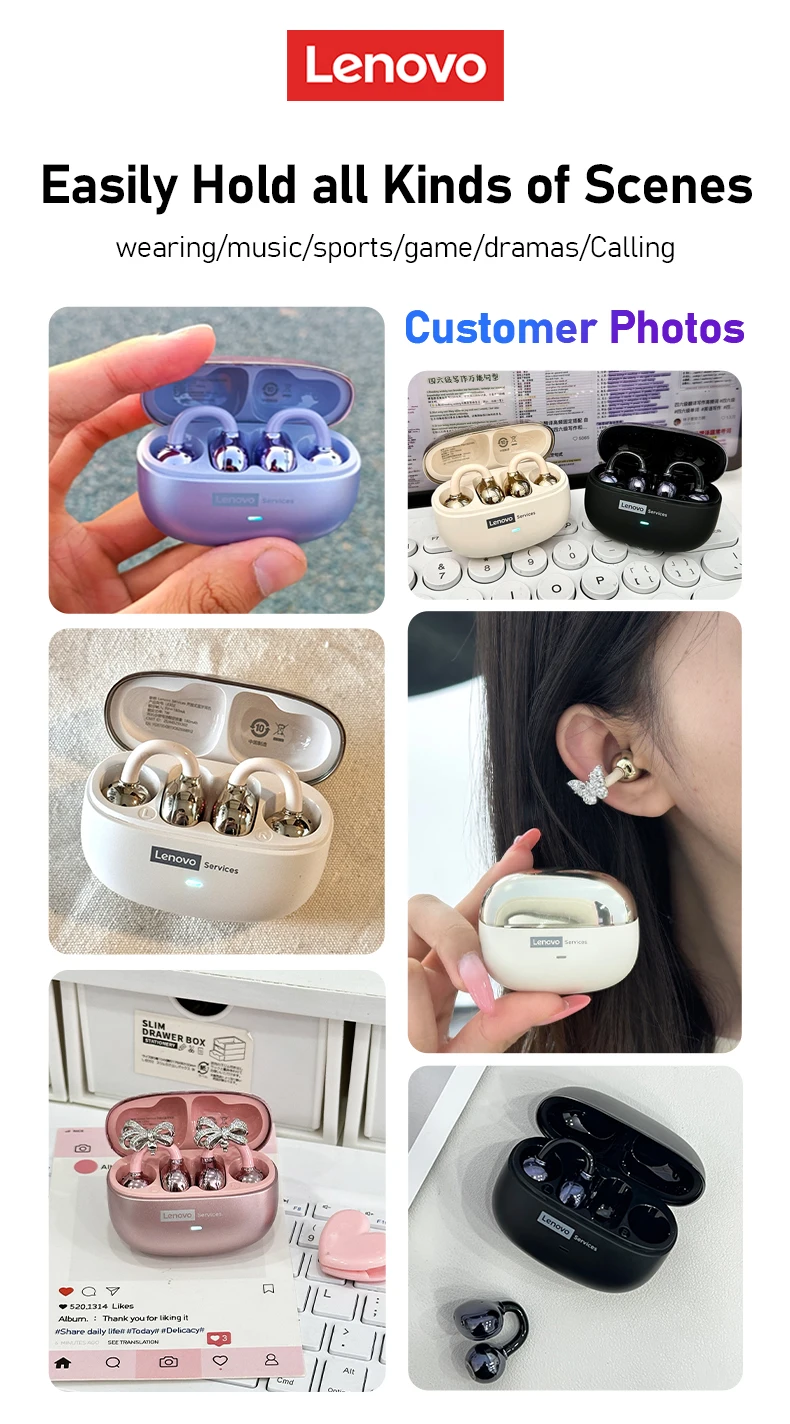 Choice Lenovo LE302 OWS Ear Clip Wireless Earphones Low Latency HD Call Bluetooth Headphones HiFi Music Sport Fashion Earbuds