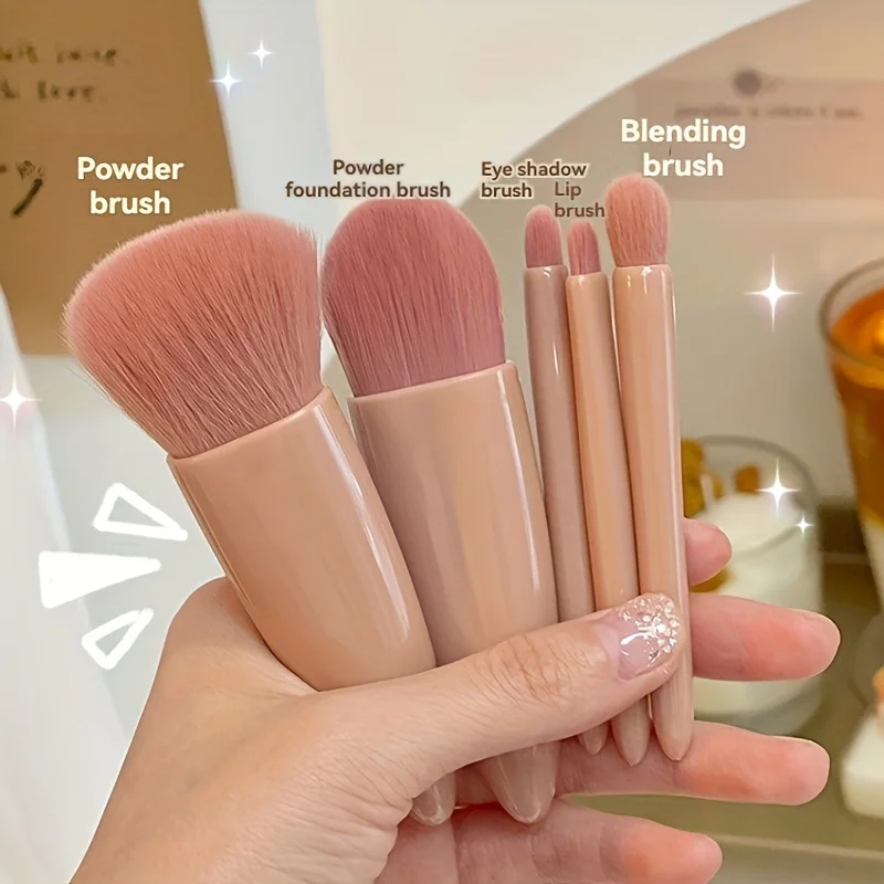 5Pcs Portable Makeup Brush Set With Mirror -  Foldable Travel Kit ，Mini Makeup Brush Set Travel Makeup Brush Set