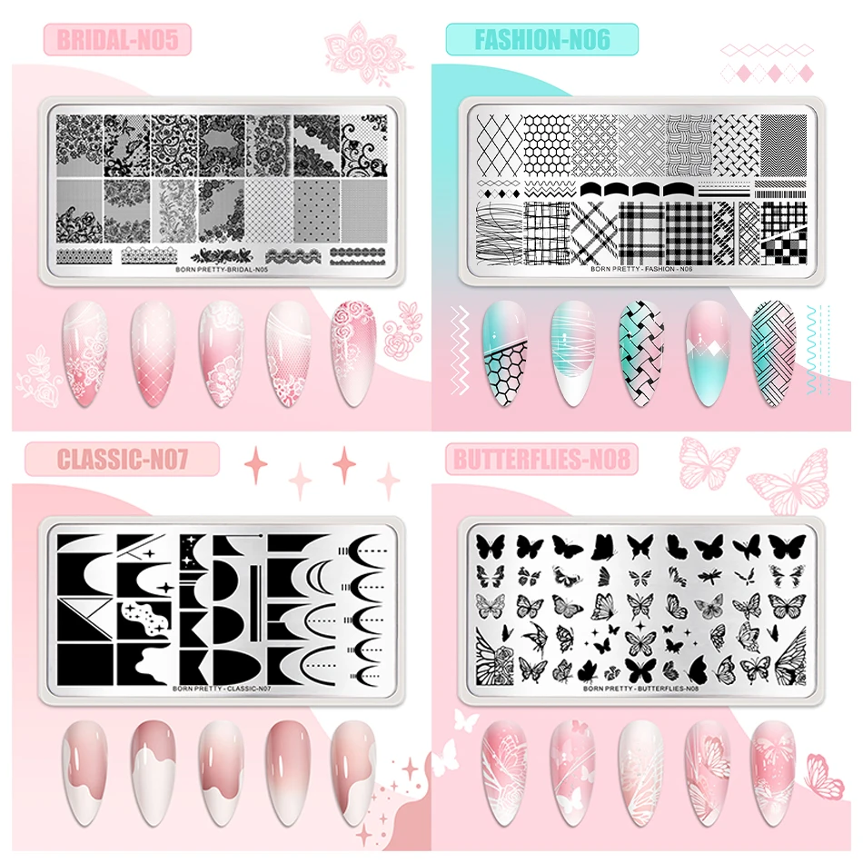 BORN PRETTY Classic Plaid French Nail Stamping Plates Easy Design Flower Leaves Nail Printing Stencil Floral Line Stamp Template