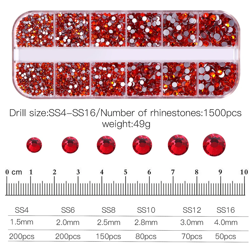 2400pcs+ Shiny Clear Crystal Gems Nail Rhinestones 1.5-4mm Mixed Round Glass Stone Flatback Nail Charms 12grids Nail Diamond DIY