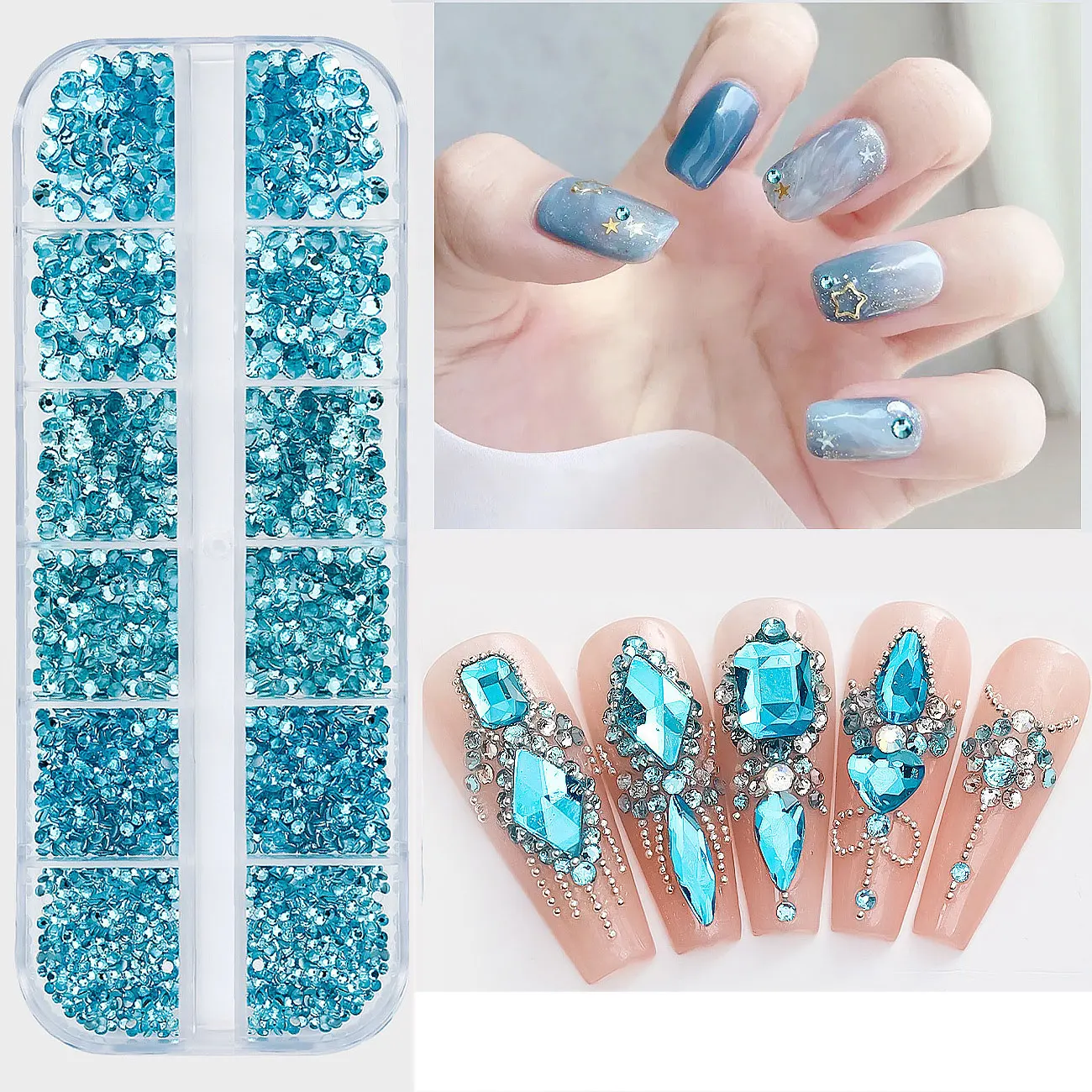2400pcs+ Shiny Clear Crystal Gems Nail Rhinestones 1.5-4mm Mixed Round Glass Stone Flatback Nail Charms 12grids Nail Diamond DIY