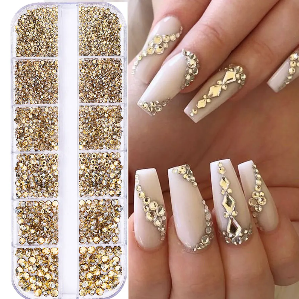 2400pcs+ Shiny Clear Crystal Gems Nail Rhinestones 1.5-4mm Mixed Round Glass Stone Flatback Nail Charms 12grids Nail Diamond DIY