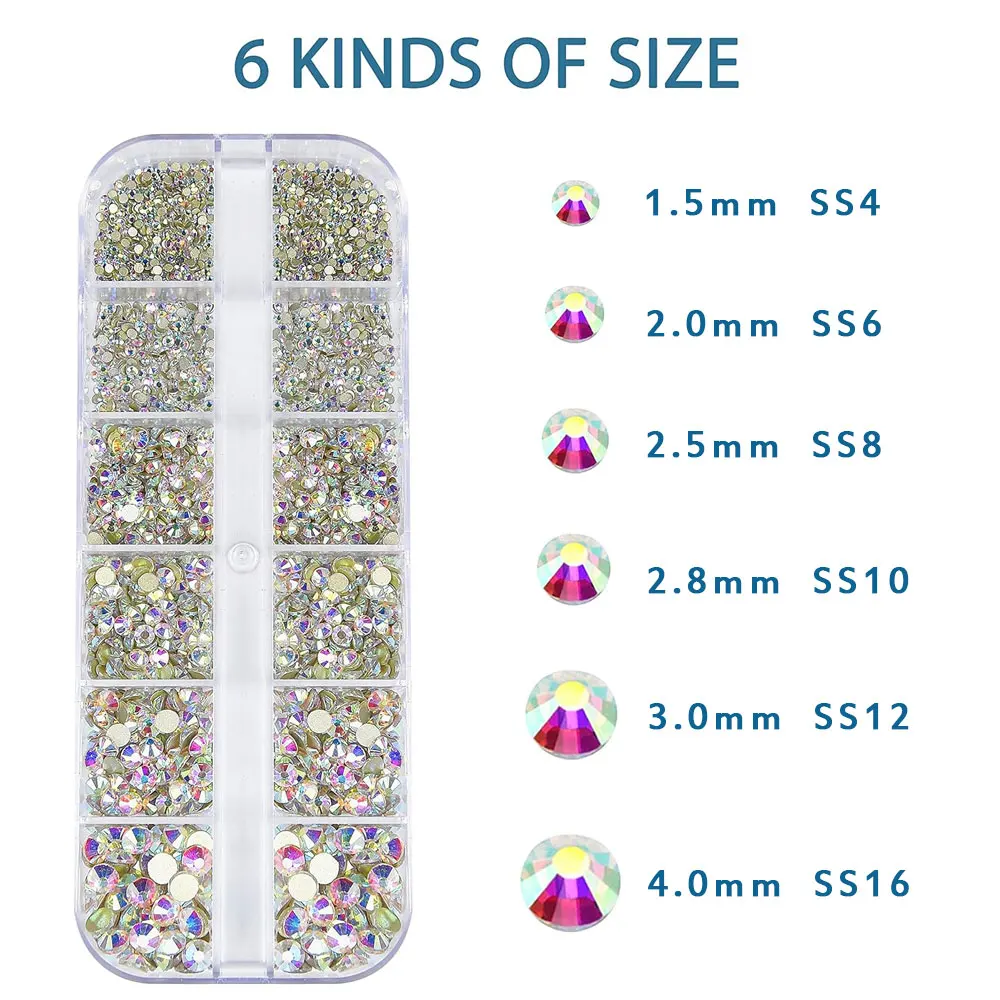 2400pcs+ Shiny Clear Crystal Gems Nail Rhinestones 1.5-4mm Mixed Round Glass Stone Flatback Nail Charms 12grids Nail Diamond DIY